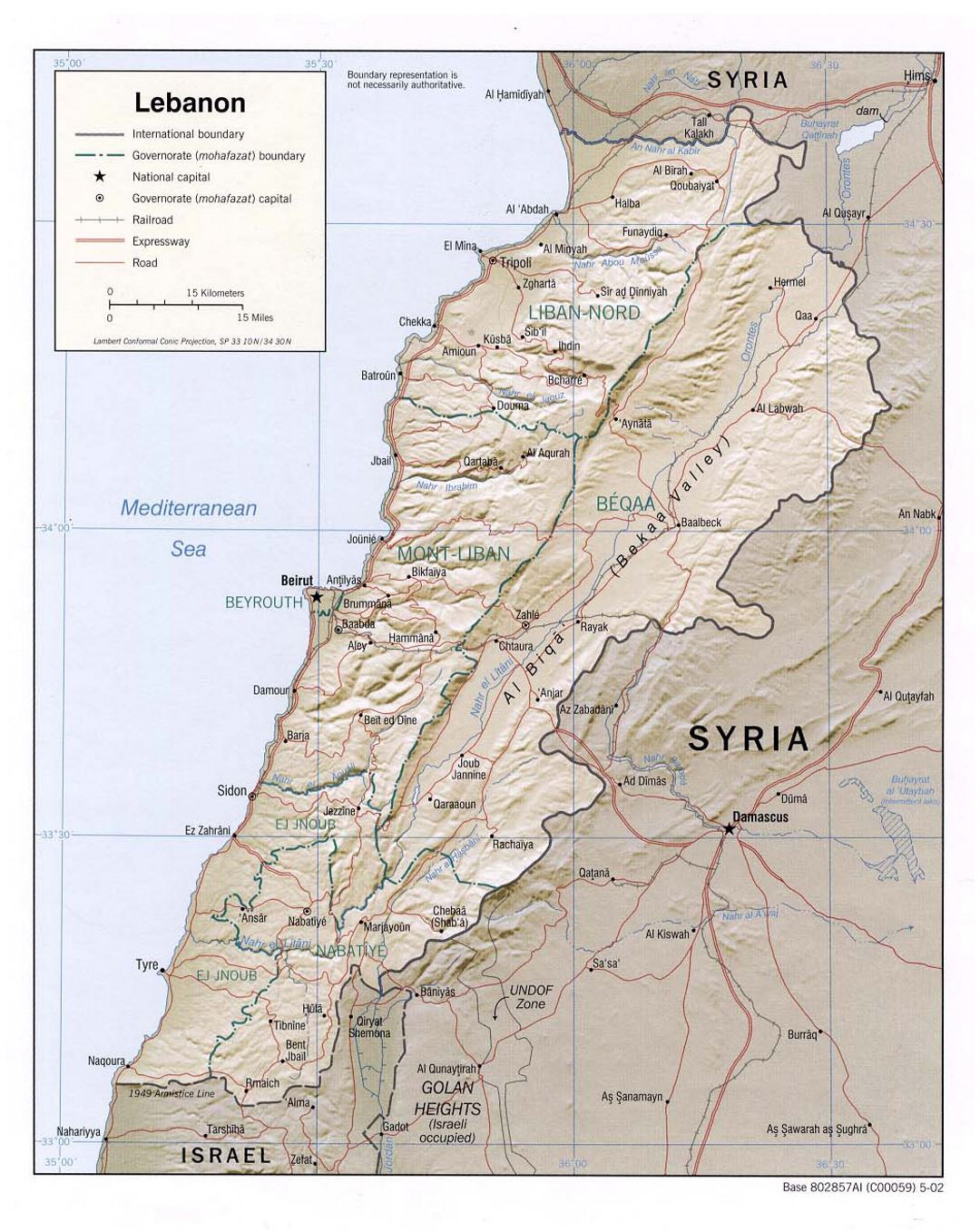 Detailed political and administrative map of Lebanon with relief, roads, railroads and major cities - 2002