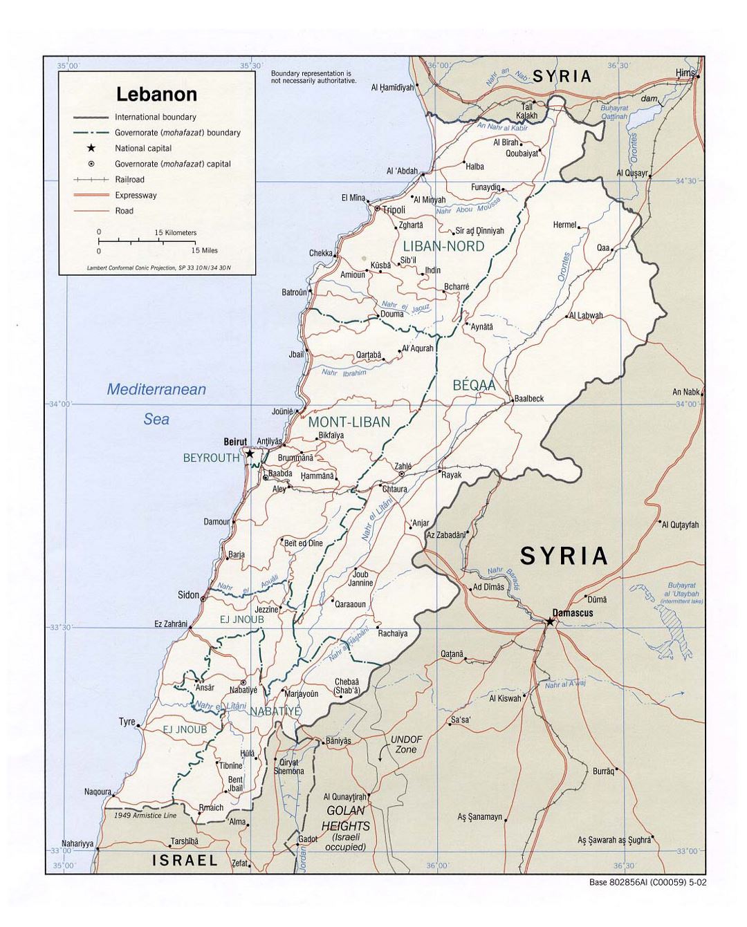 Detailed political and administrative map of Lebanon with roads, railroads and major cities - 2002