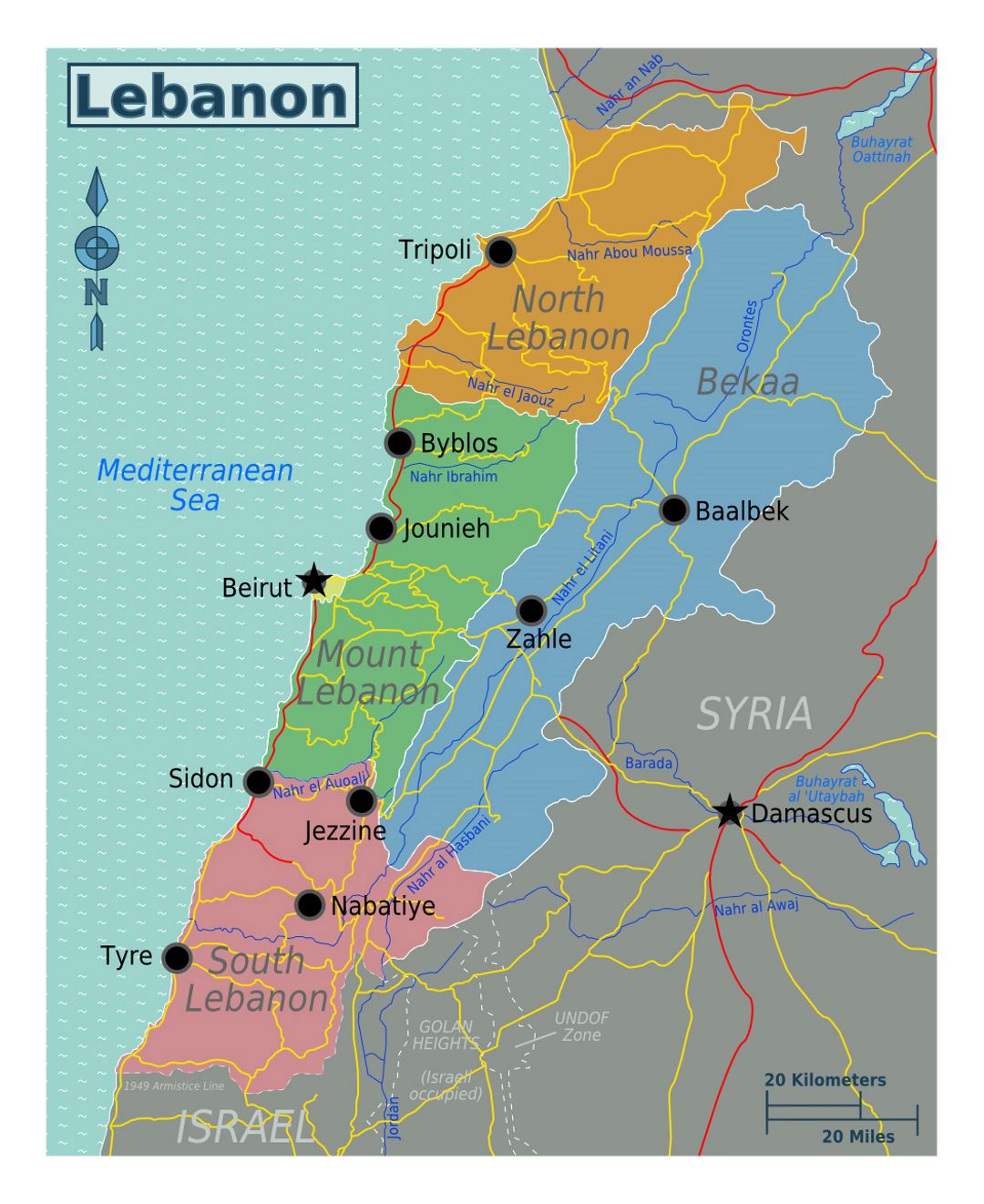 Detailed regions map of Lebanon