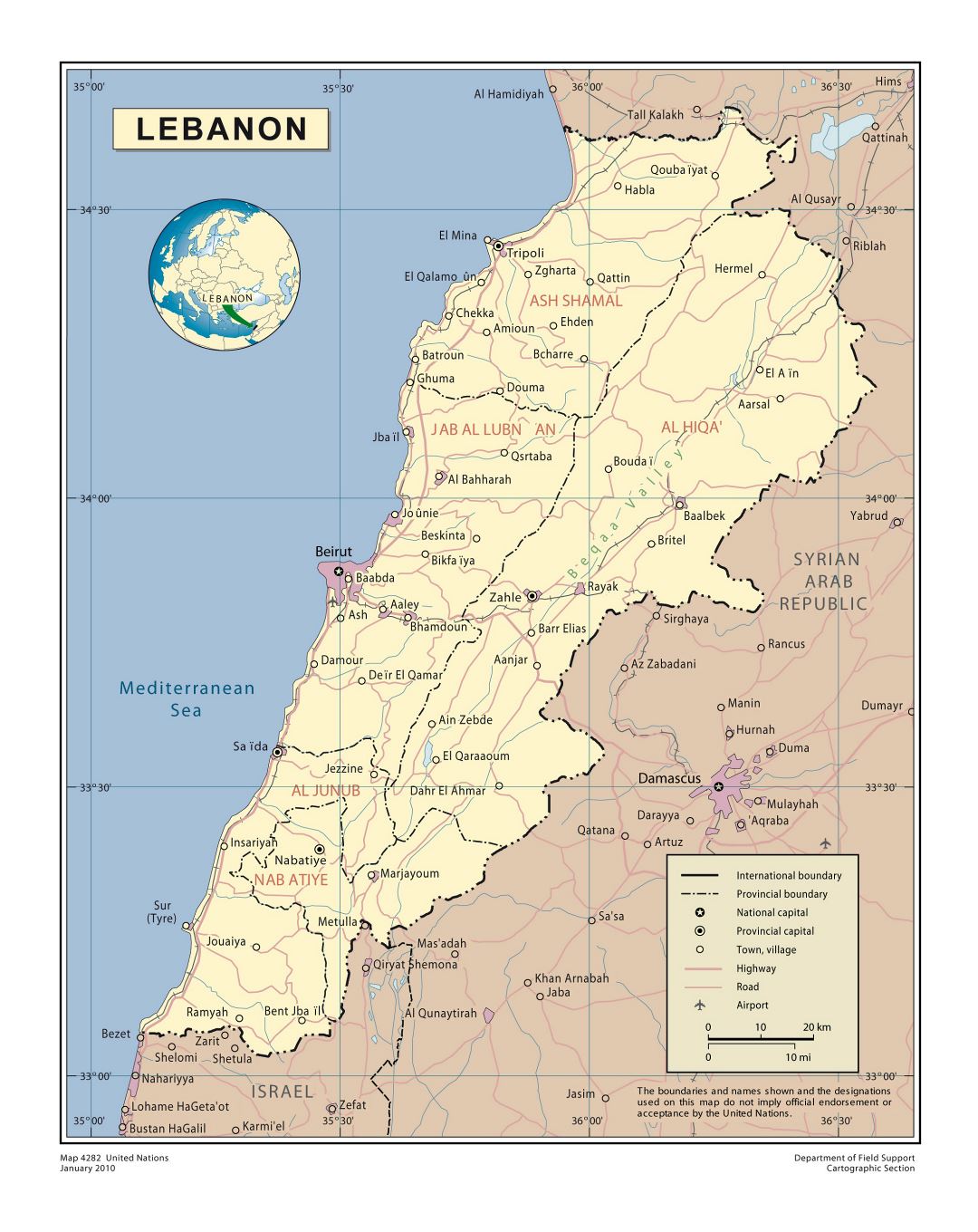 Large detailed political and administrative map of Lebanon with roads, cities and airports