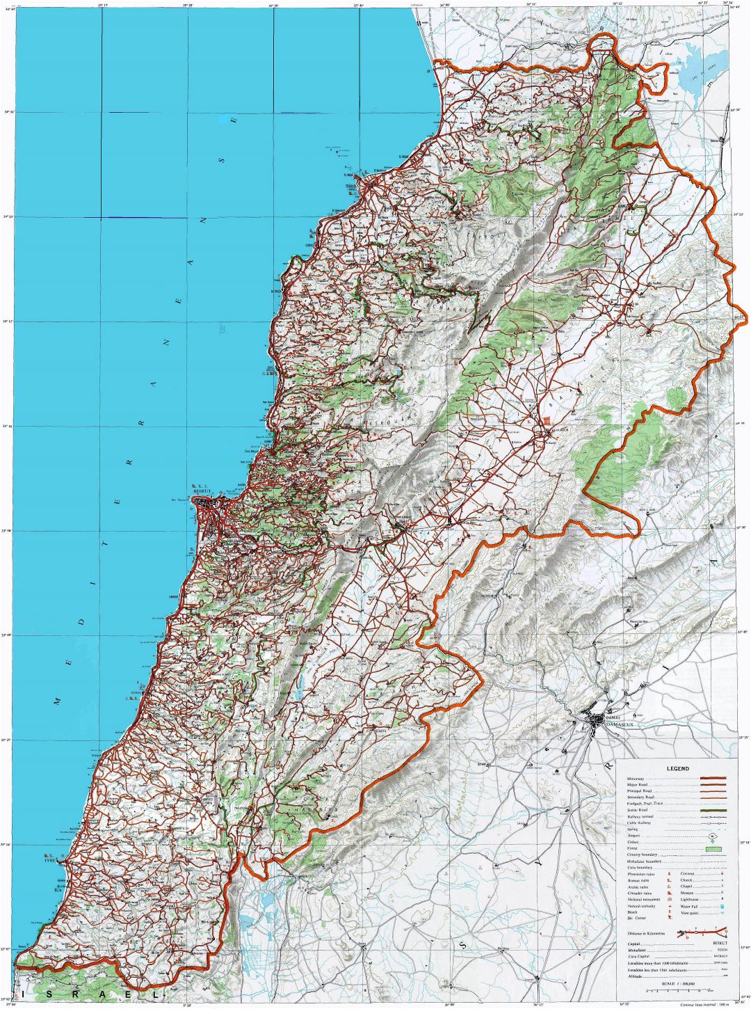 Large detailed topographical map of Lebanon with other marks