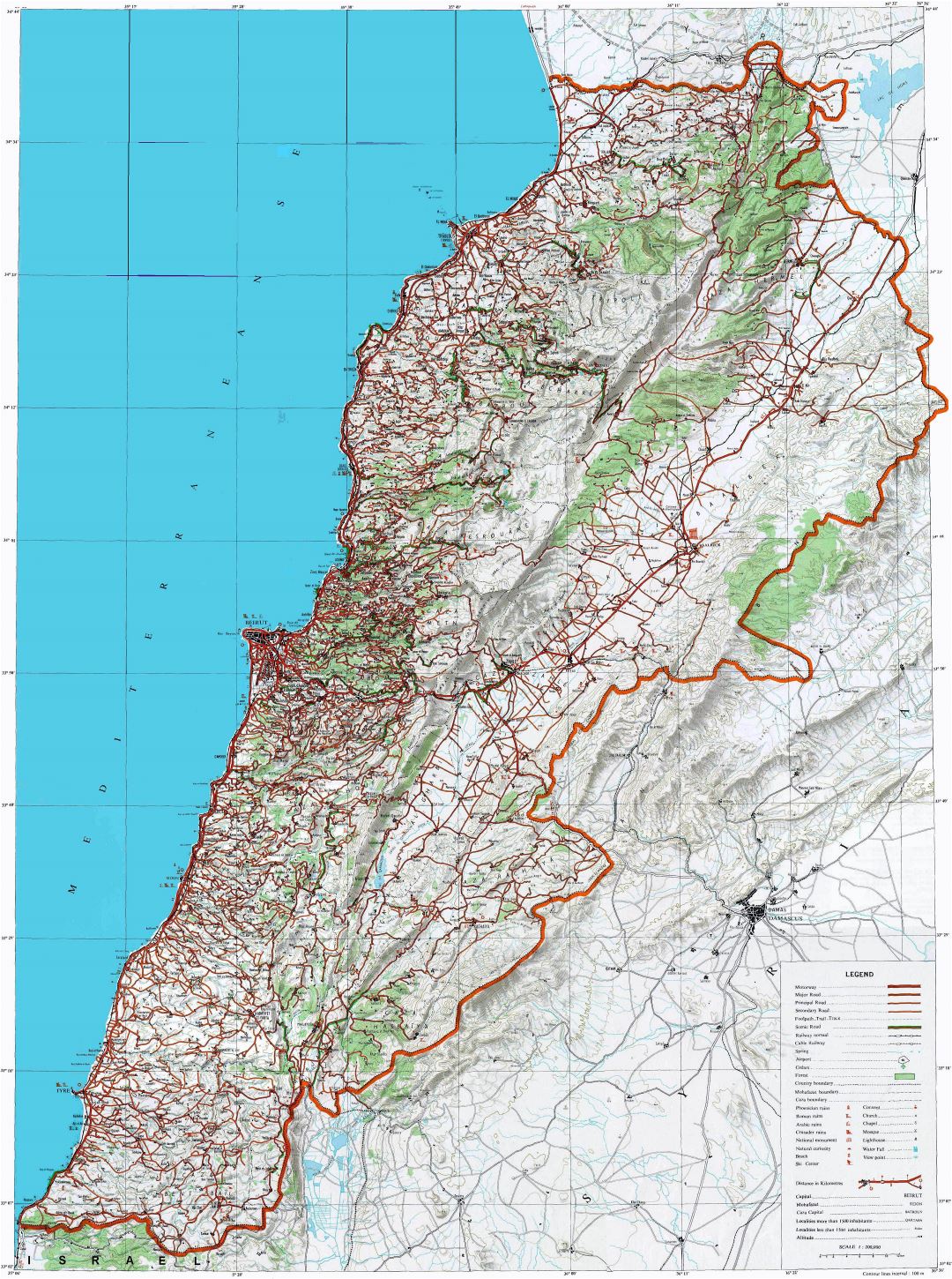 Large detailed topographical map of Lebanon with other marks