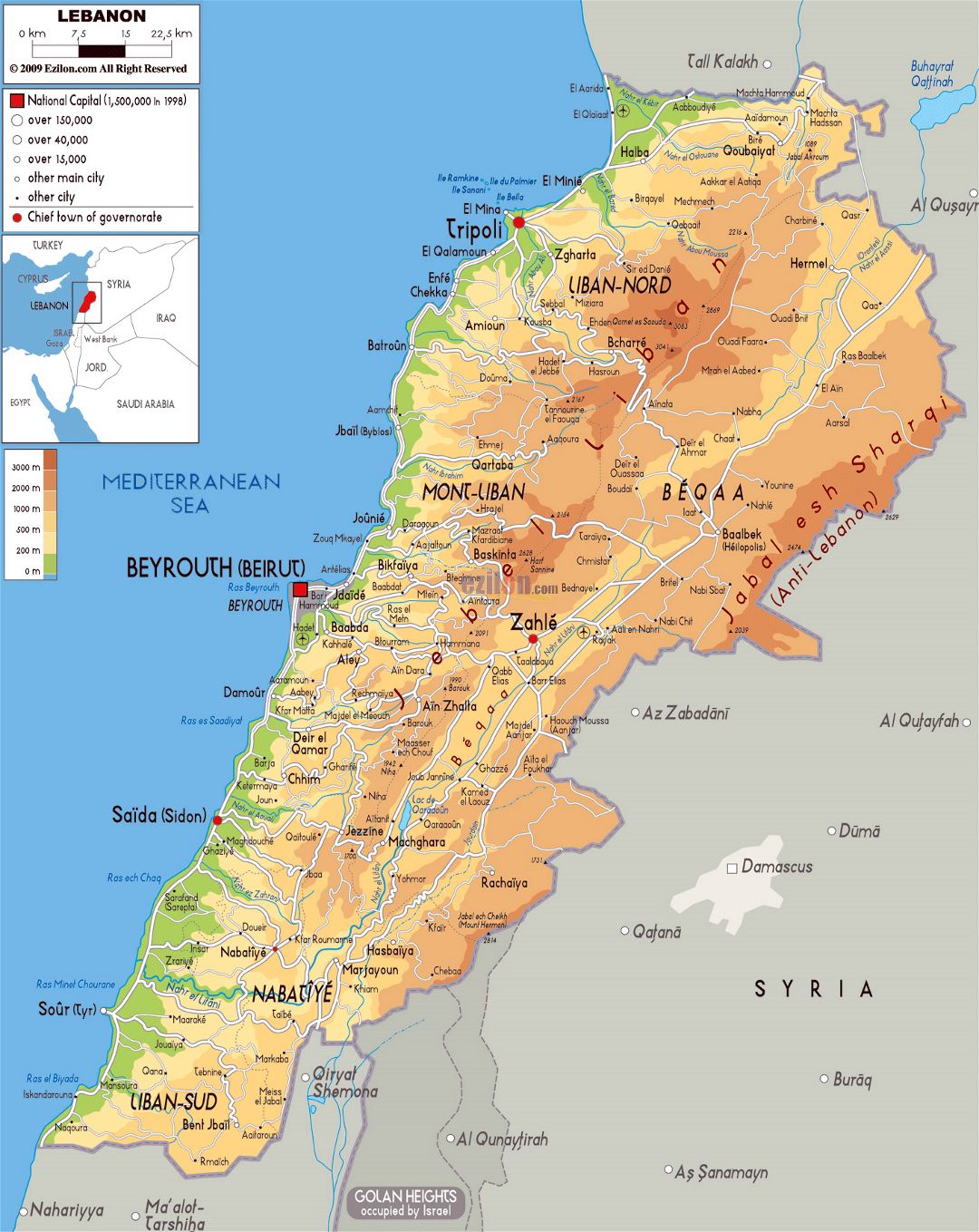 Large physical map of Lebanon with roads, cities and airports