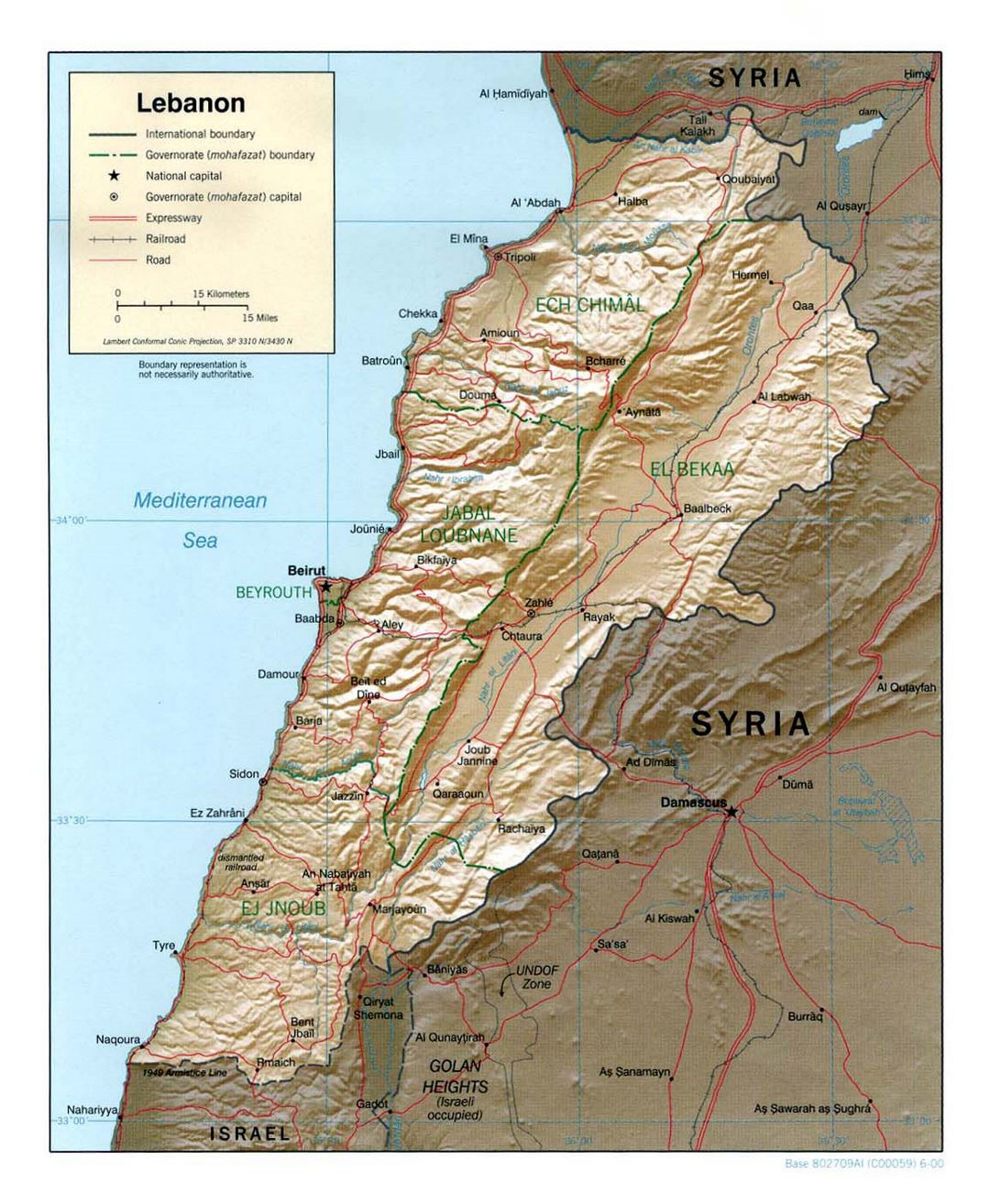 Large political and administrative map of Lebanon with relief, roads, railroads and major cities - 2000