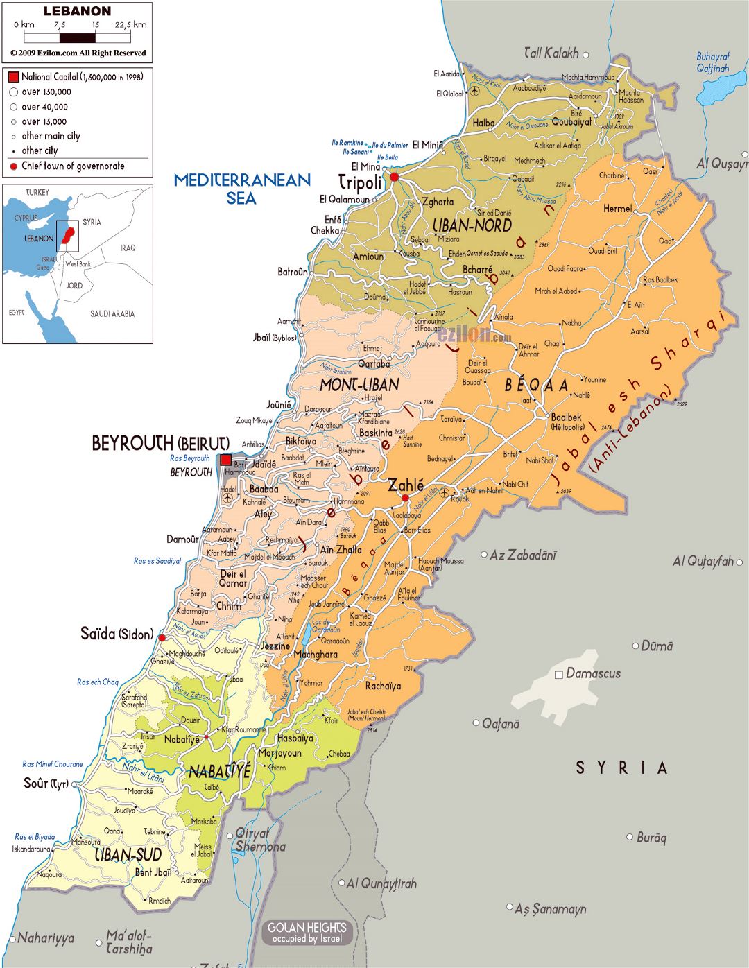 Large political and administrative map of Lebanon with roads, cities and airports