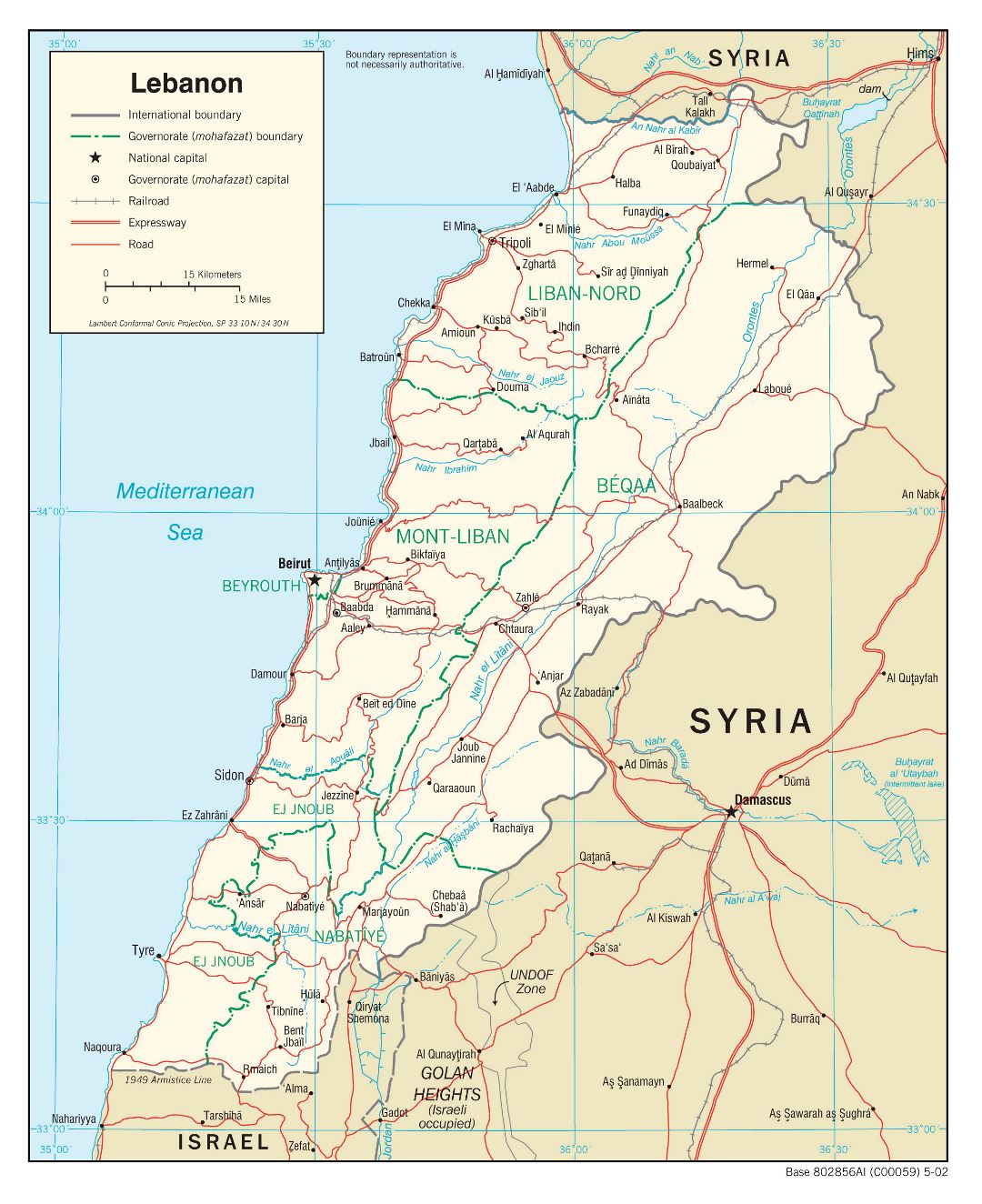 Large political and administrative map of Lebanon with roads, railroads and major cities - 2002