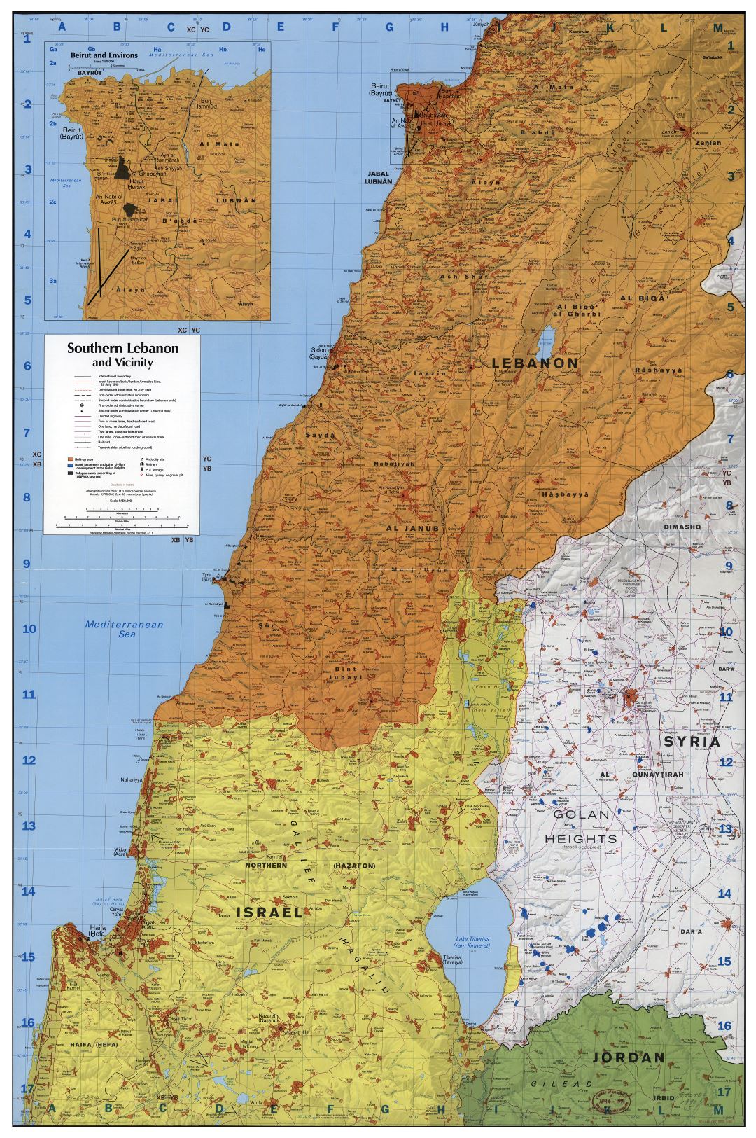 Large scale detailed map of Southern Lebanon and Vicinity with relief and other marks - 1990