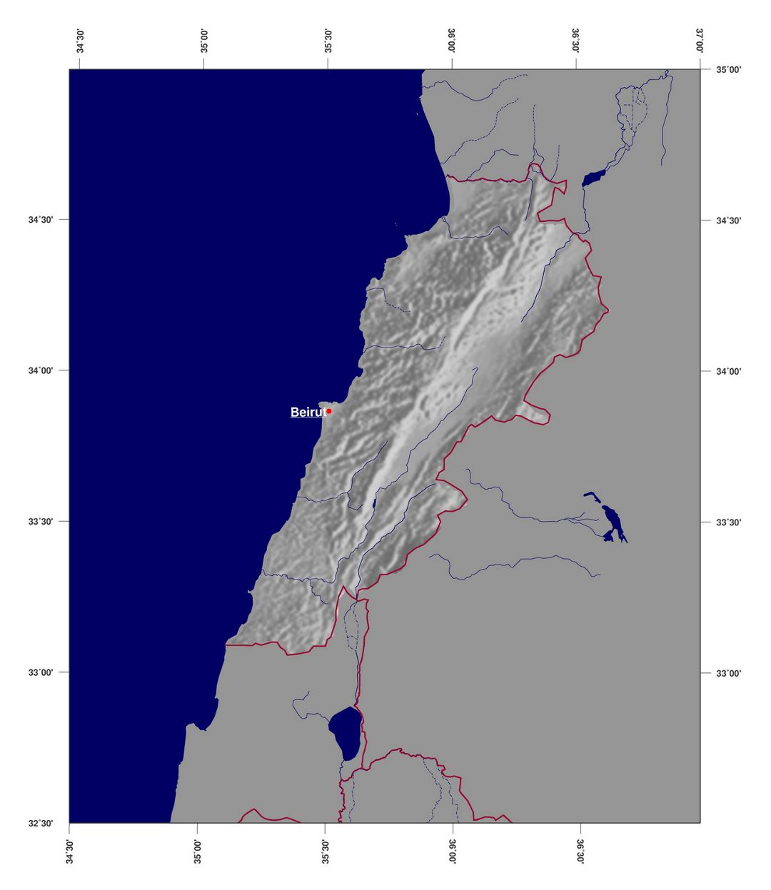 Large shaded relief map of Lebanon