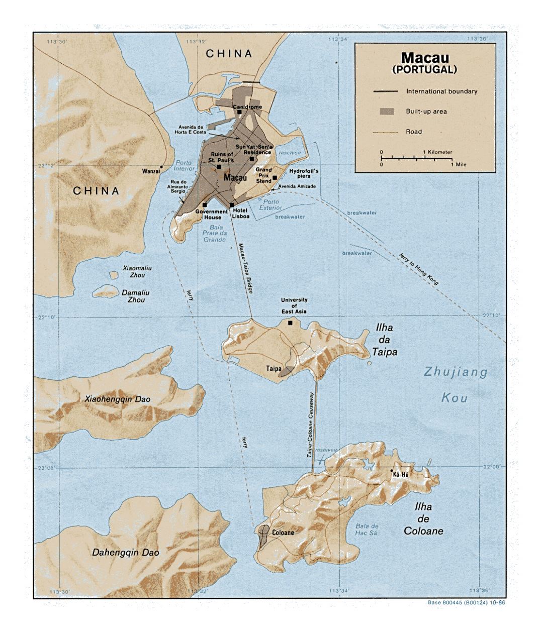 Detailed political map of Macau with relief, roads and other marks - 1986