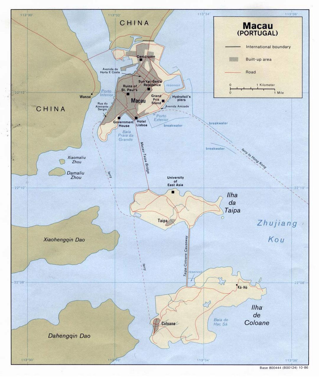 Detailed political map of Macau with roads and other marks - 1986