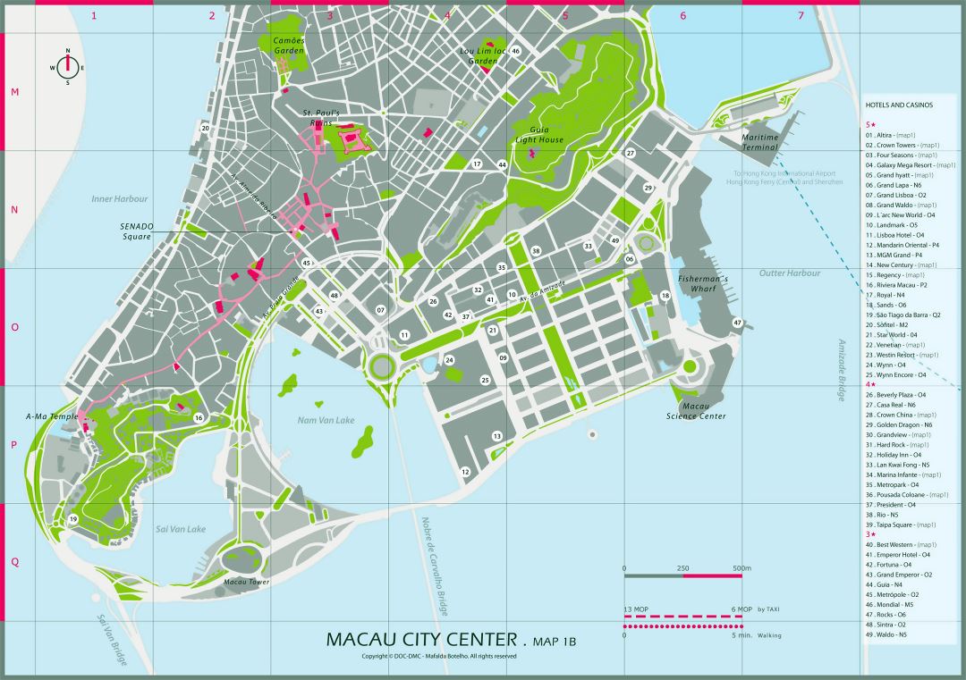 Large hotels and casinos map of central part of Macau