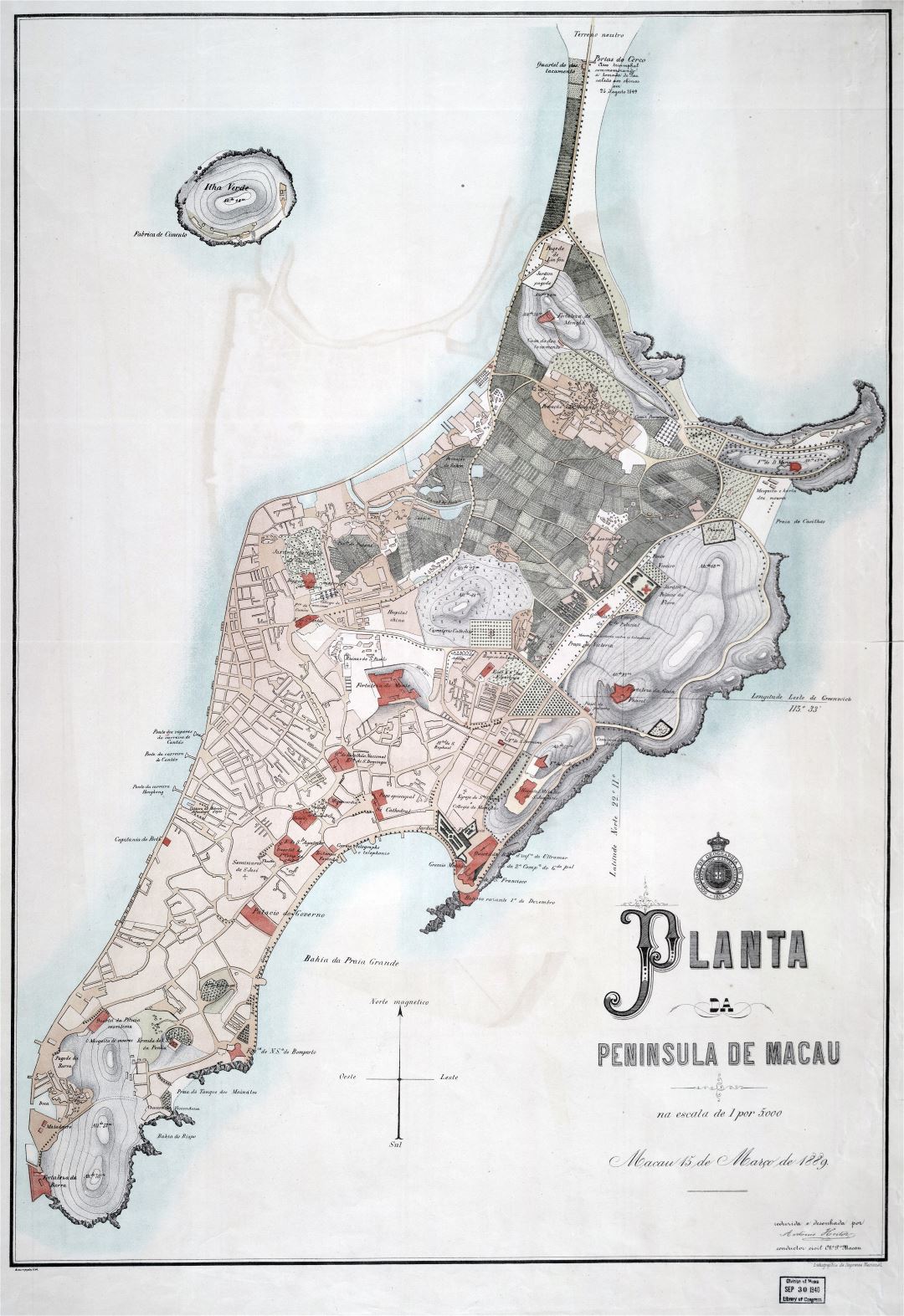 Large scale detailed old map of Macau - 1889