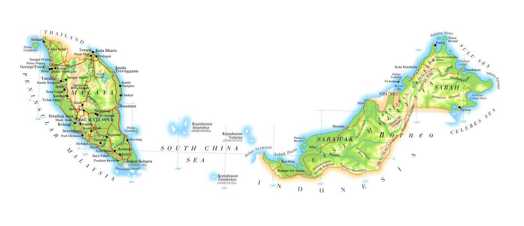 Detailed elevation map of Malaysia with roads, cities and airports