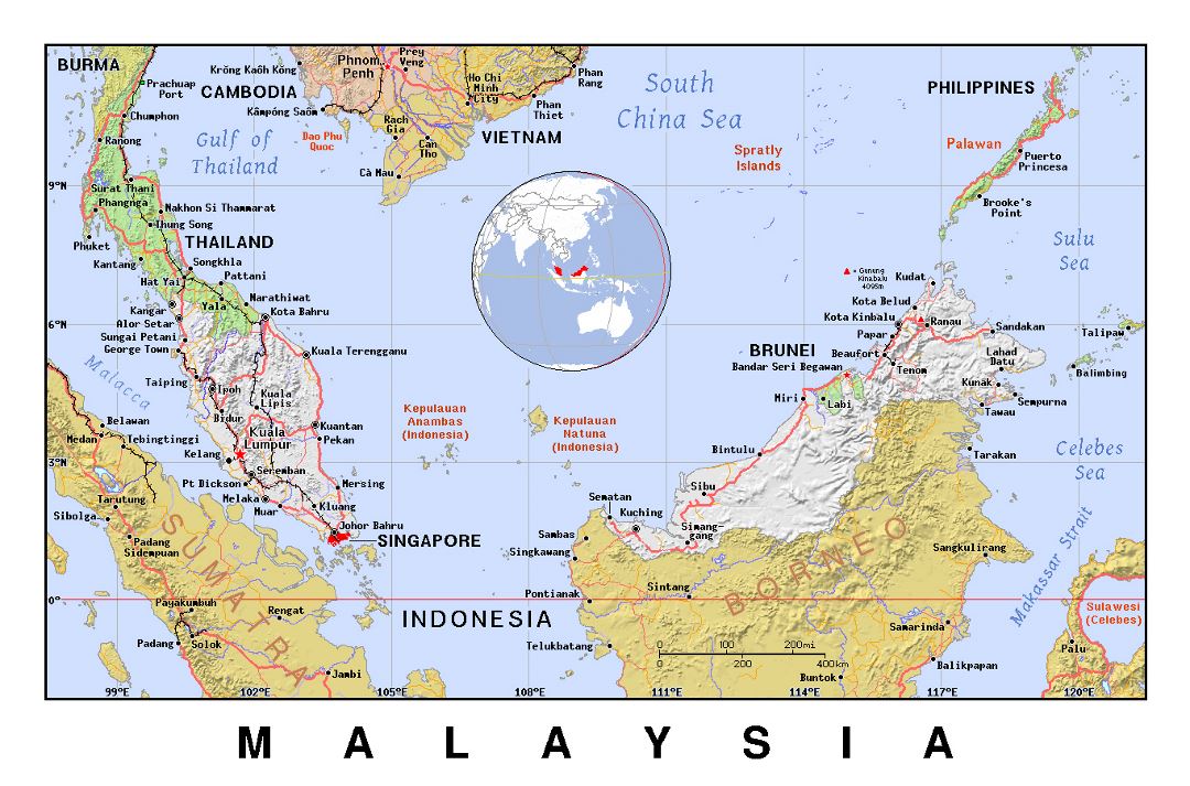 Detailed political map of Malaysia with relief