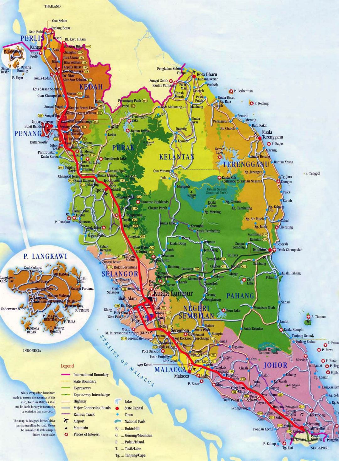 Detailed tourist and administrative map of West Malaysia with roads, cities and airports