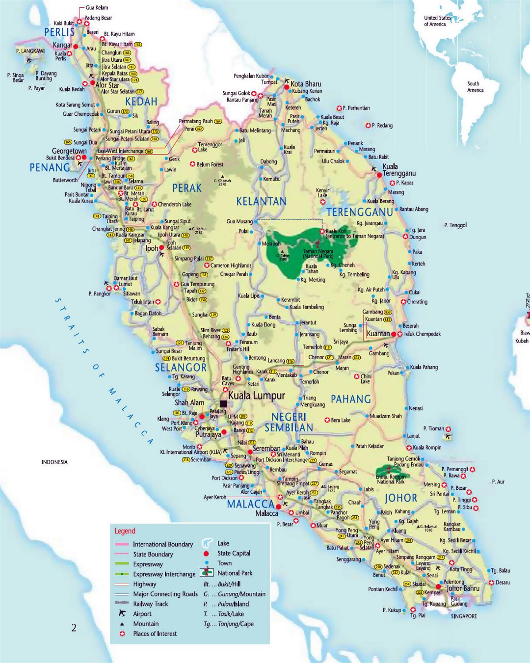 Detailed tourist map of West Malaysia with roads, cities and airports
