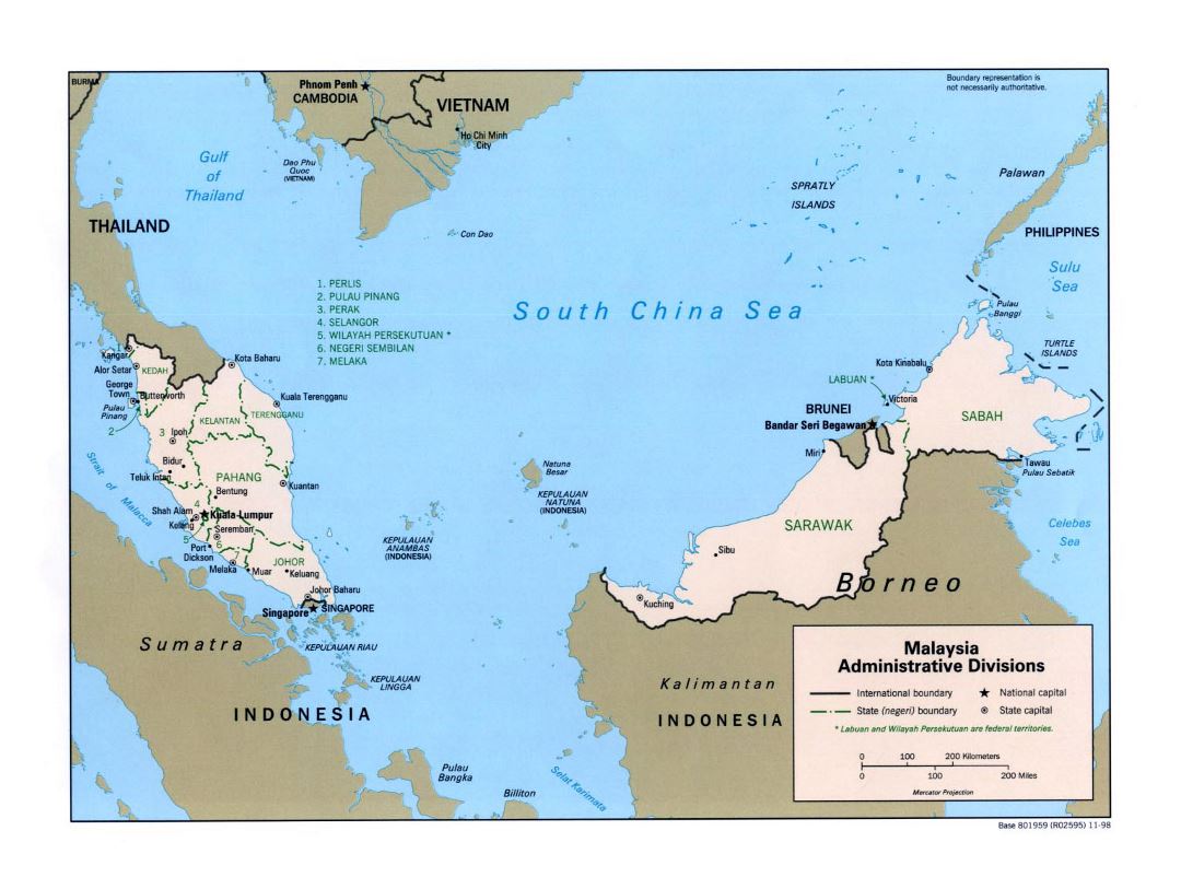 Large administrative divisions map of Malaysia - 1998