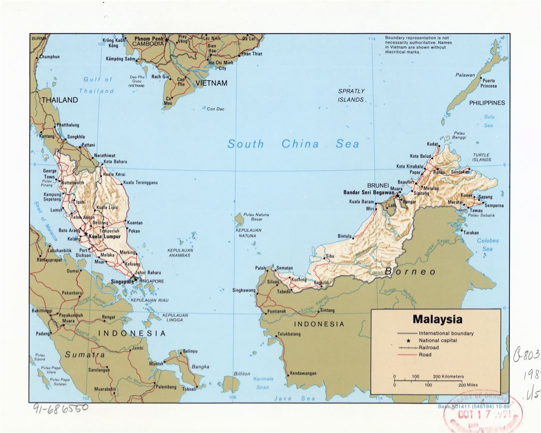 Large detailed political map of Malaysia with relief, roads, railroads and major cities - 1989
