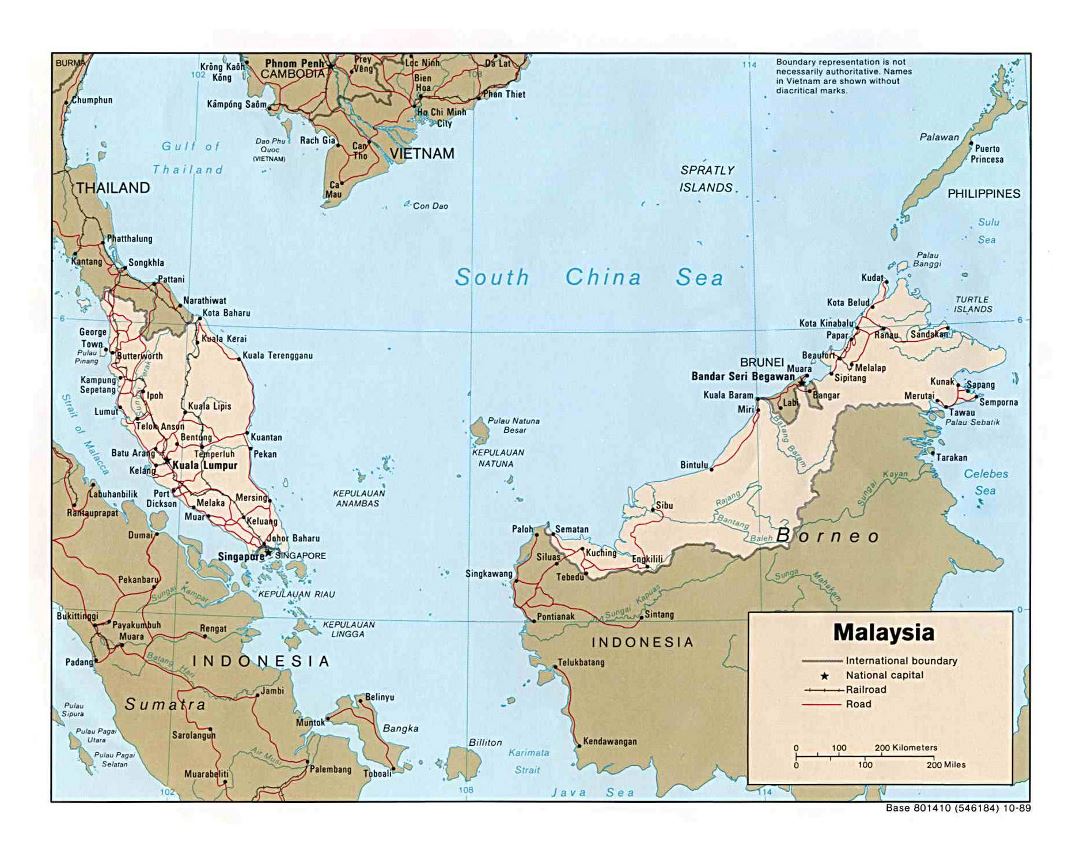 Large detailed political map of Malaysia with roads, railroads and cities - 1989