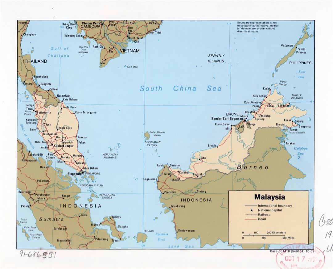 Large detailed political map of Malaysia with roads, railroads and major cities - 1989