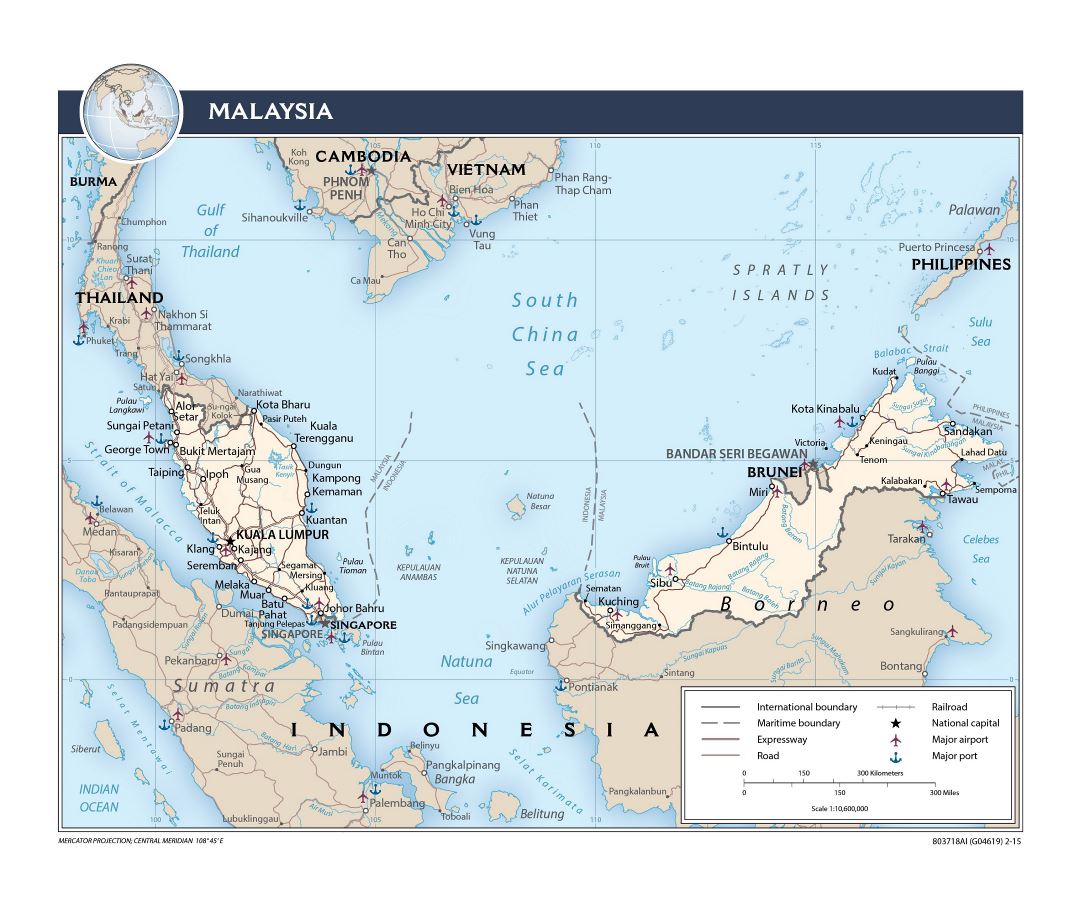 Large detailed political map of Malaysia with roads, railroads, major cities, ports and airports - 2015