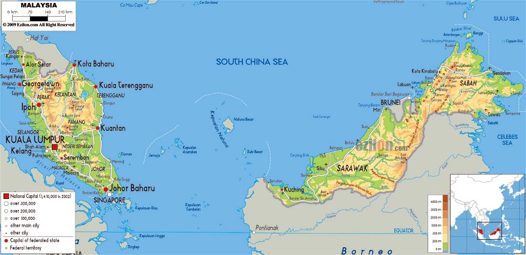 Large physical map of Malaysia with roads, cities and airports