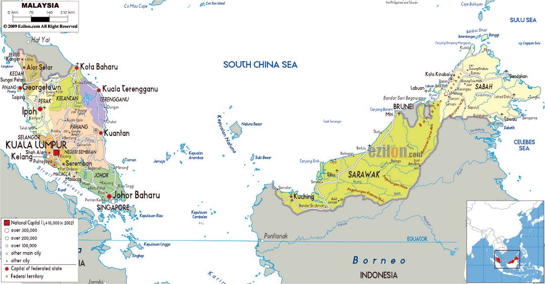 Large political and administrative map of Malaysia with roads, cities and airports