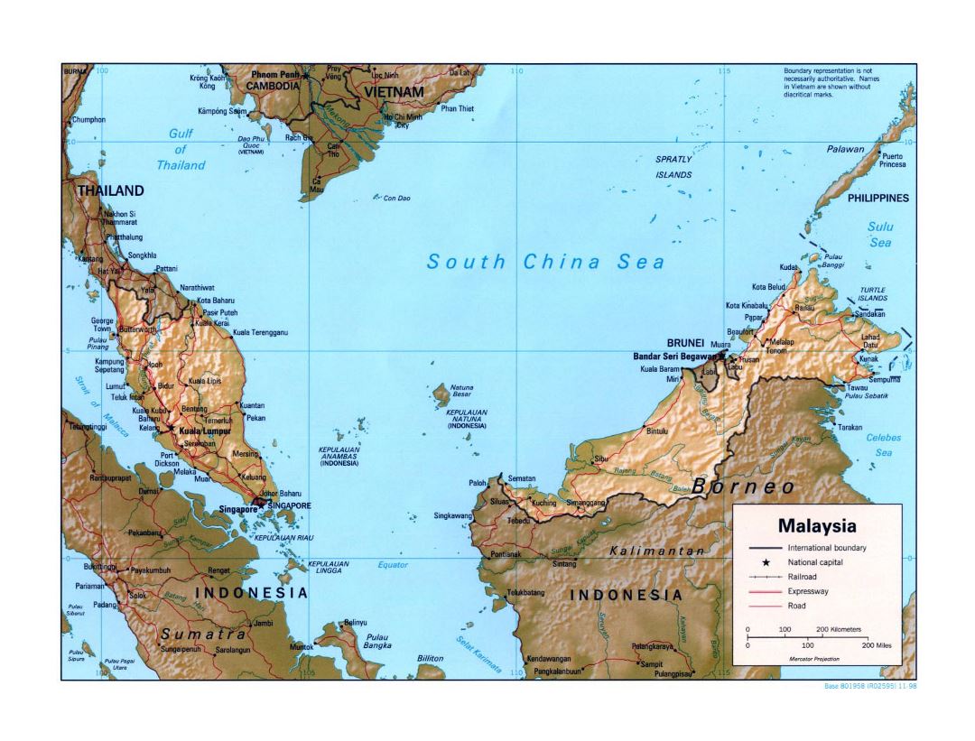 Large political map of Malaysia with relief, roads, railroads and major cities - 1998