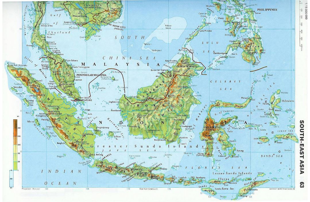 Large topographical map of Malaysia