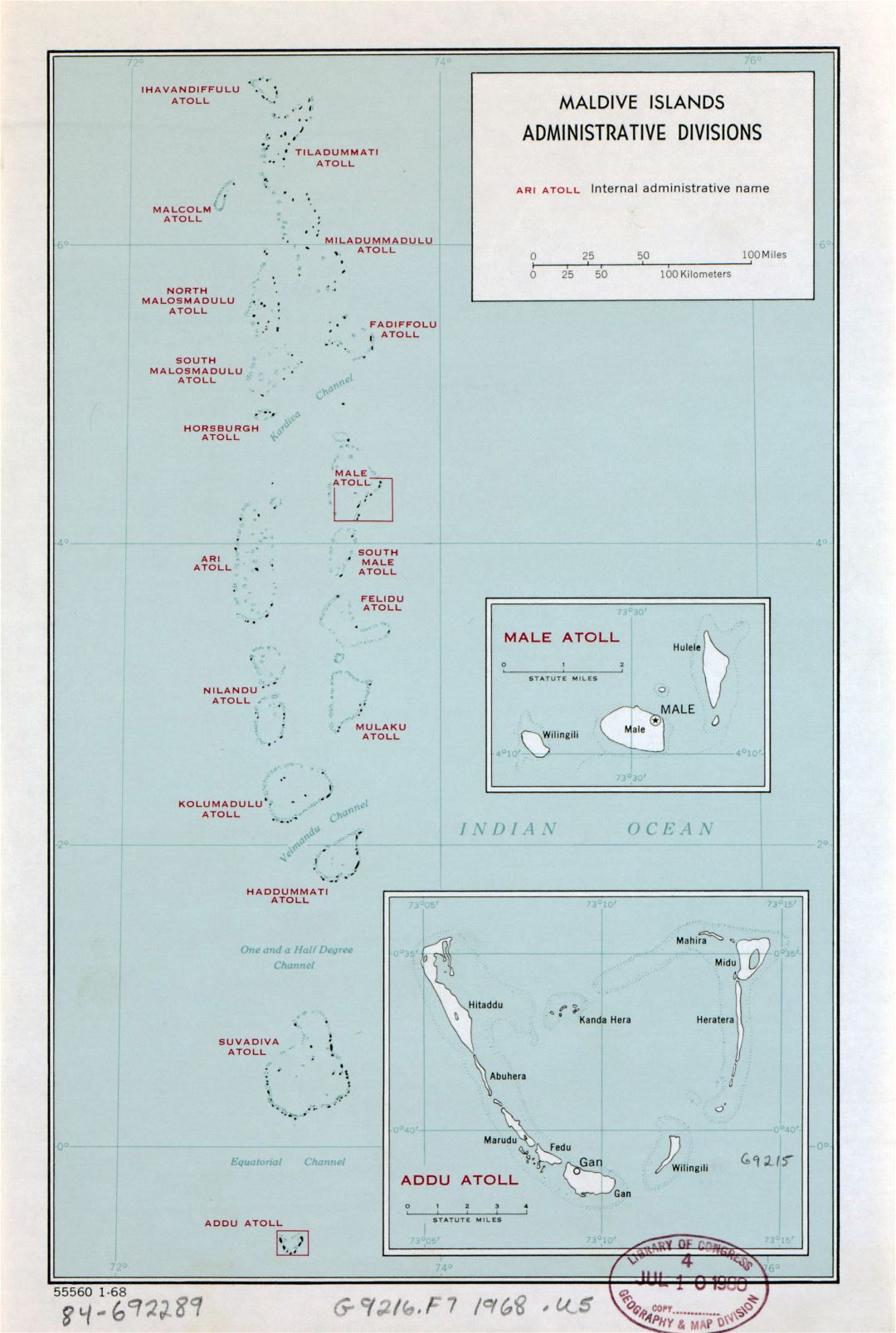 Large administrative divisions map of Maldives - 1968