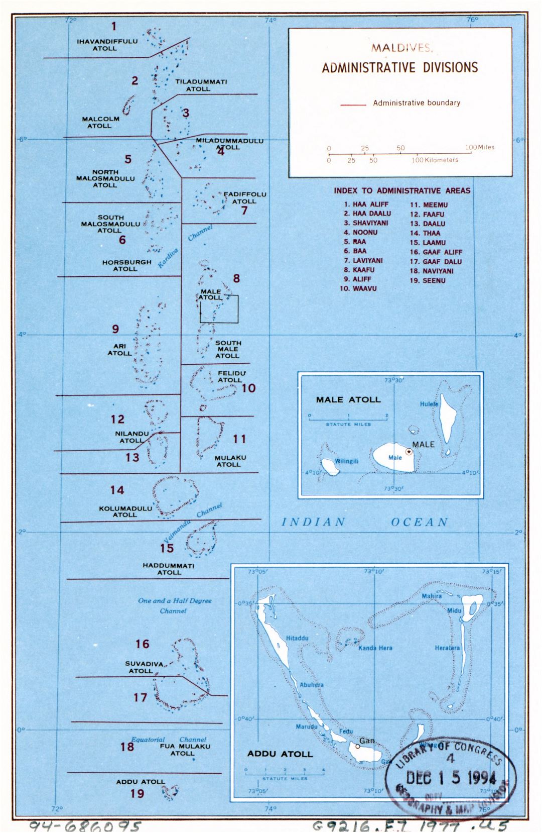 Large administrative divisions map of Maldives - 1977