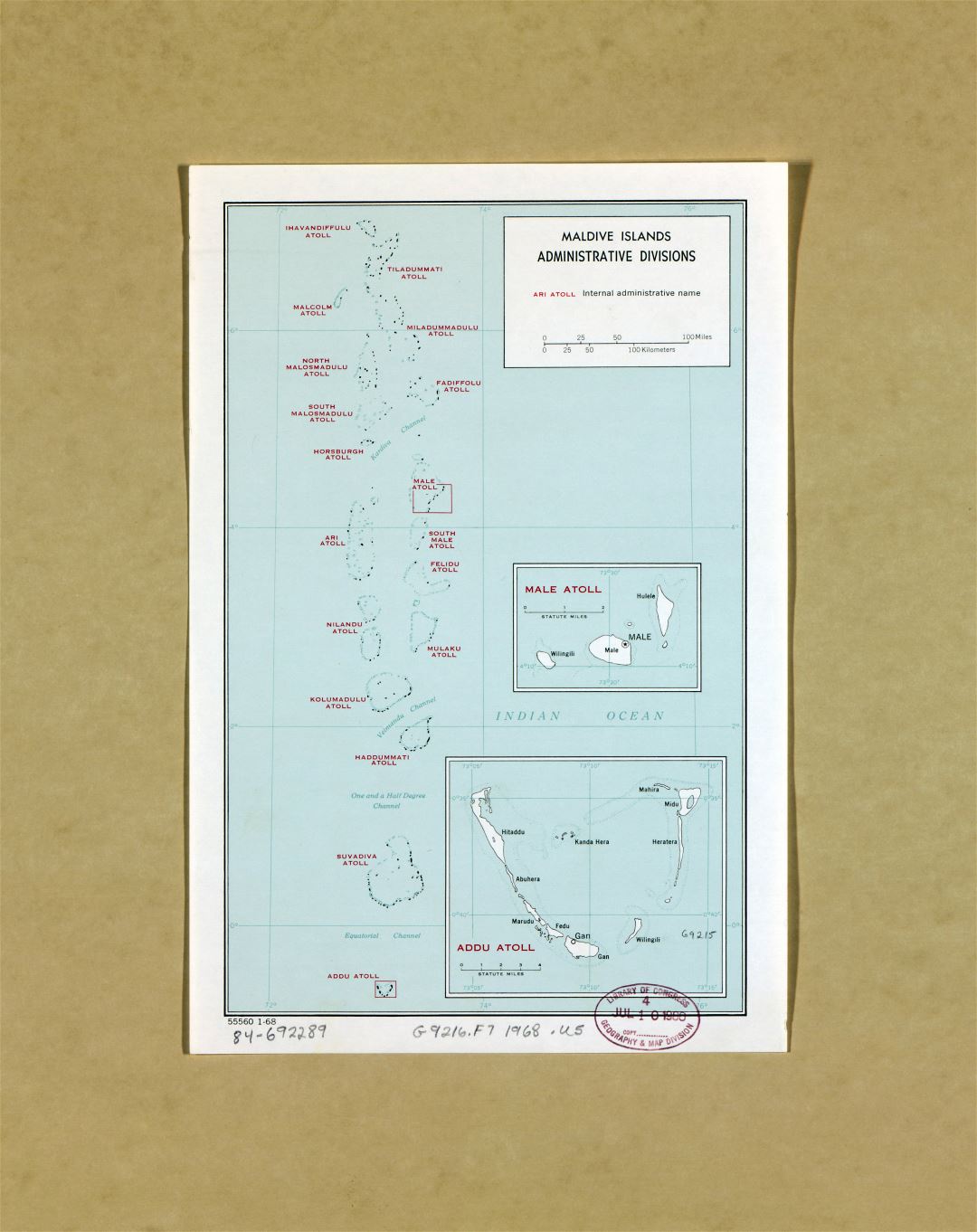 Large detailed administrative divisions map of Maldives - 1968