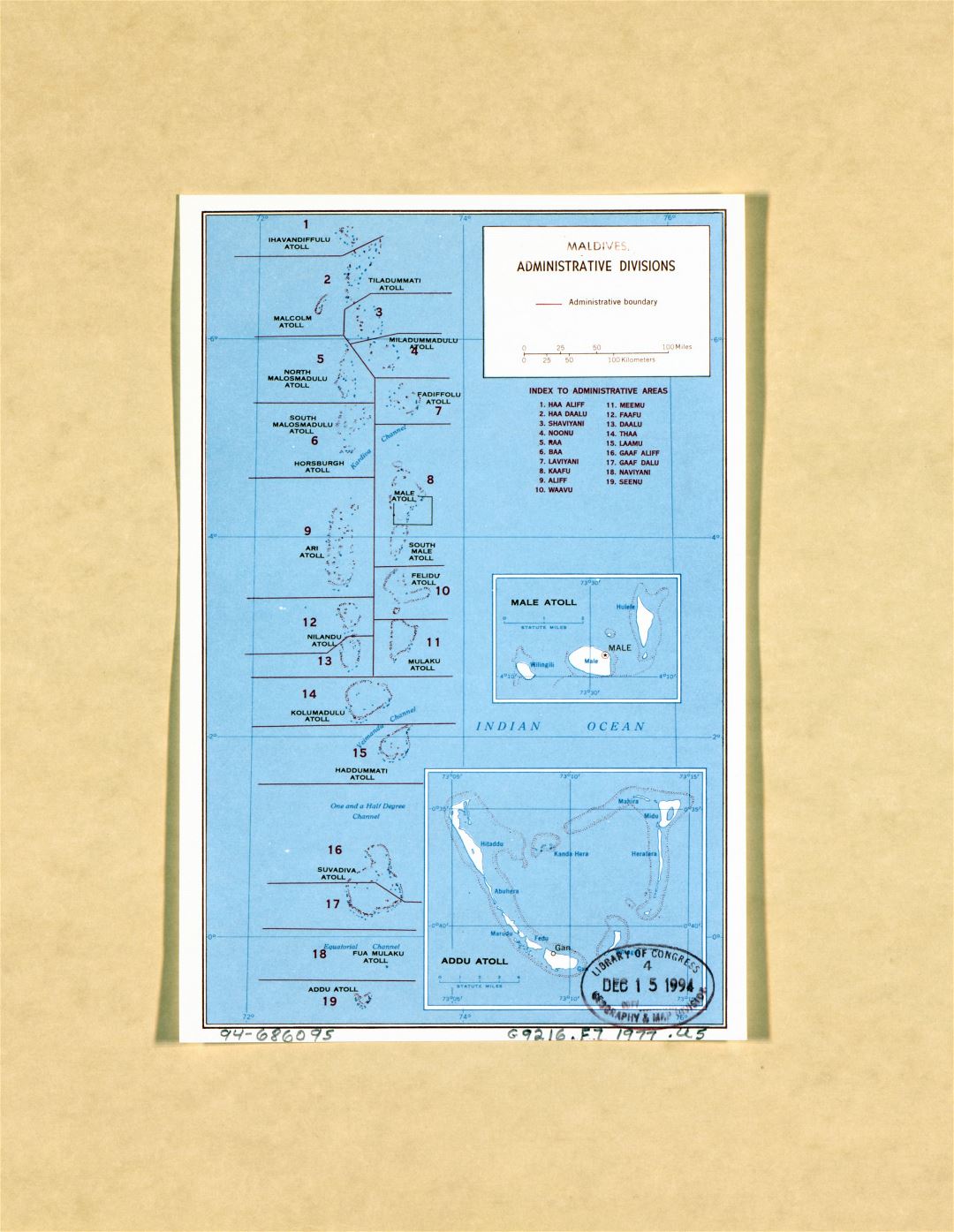 Large detailed administrative divisions map of Maldives - 1977