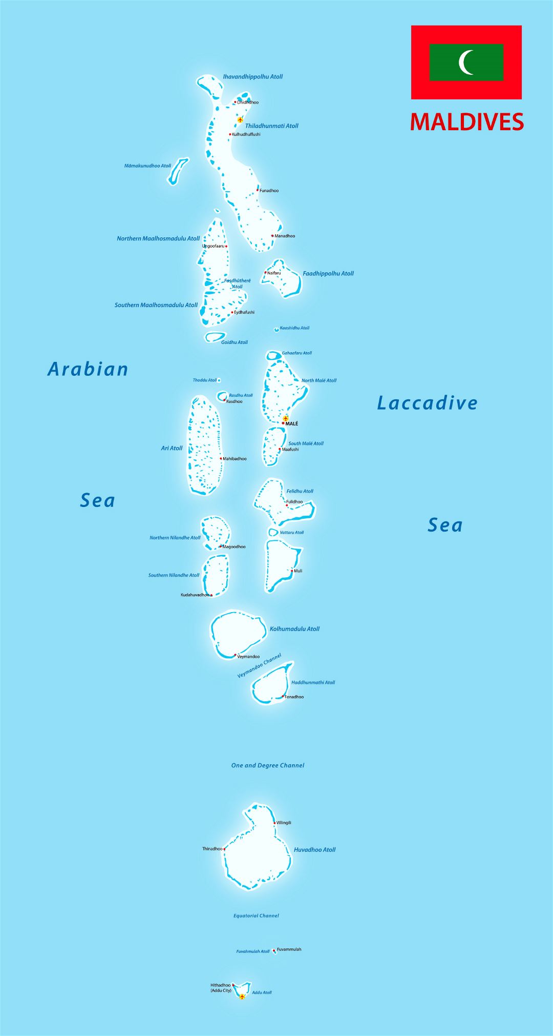 Large detailed map of Maldives with flag, cities and airports
