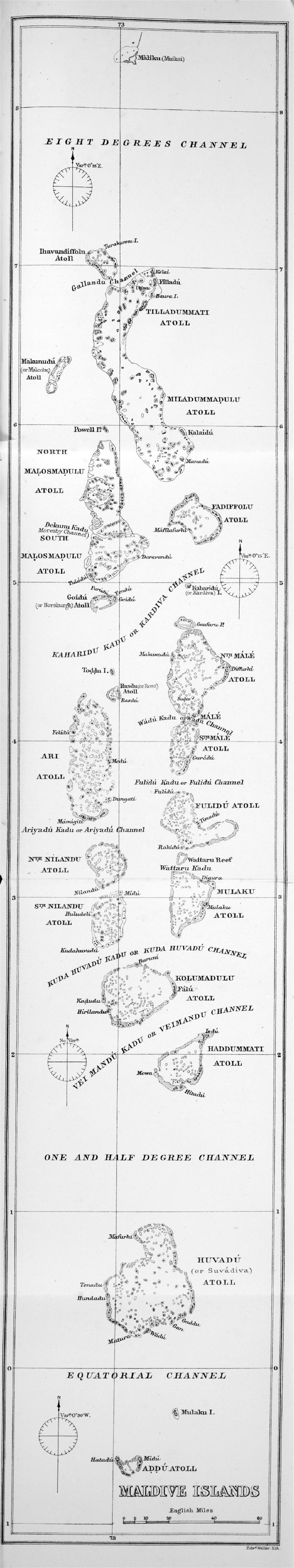 Large detailed old map of Maldives