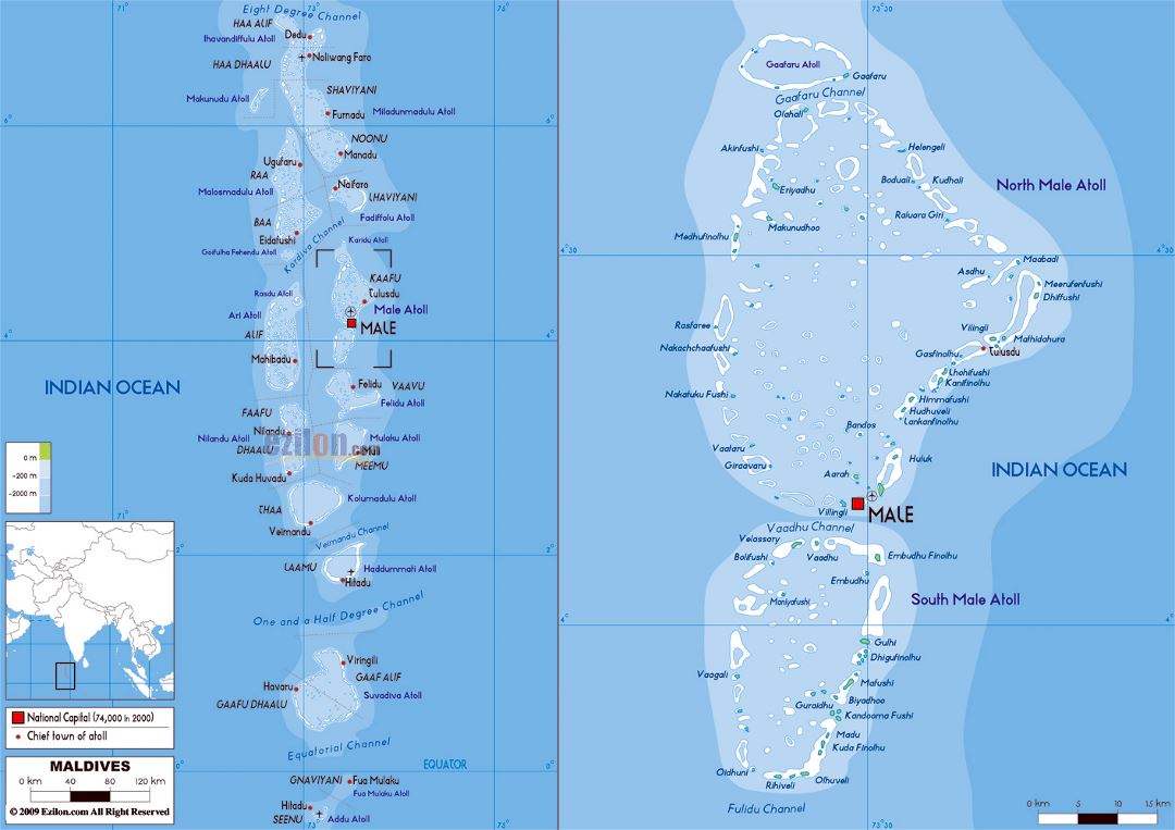 Large physical map of Maldives with airports