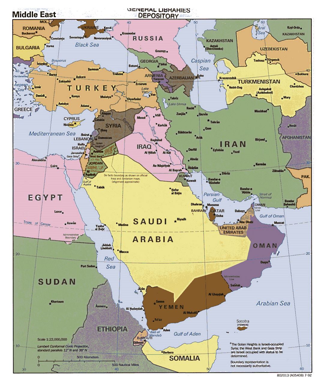 Detailed political map of the Middle East - 1992