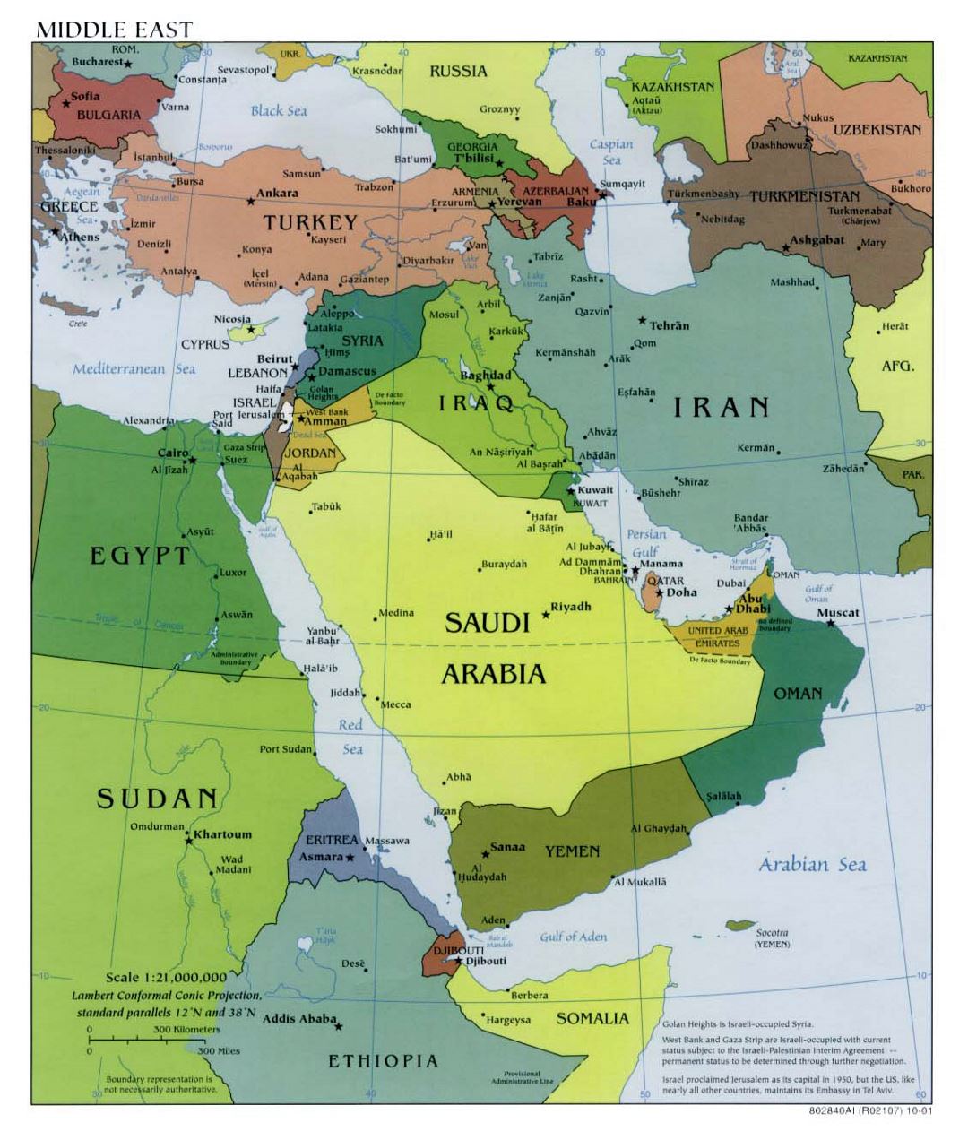 Detailed political map of the Middle East with capitals - 2001