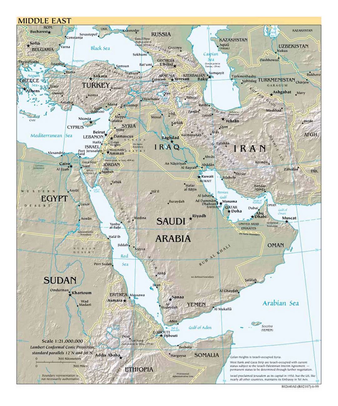 Detailed political map of the Middle East with relief - 1999