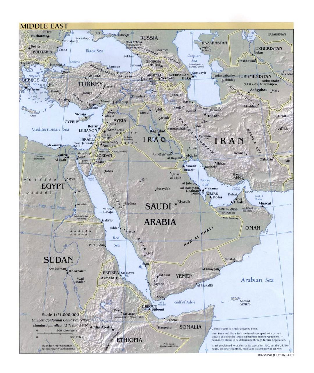 Detailed political map of the Middle East with relief and capitals - 2001
