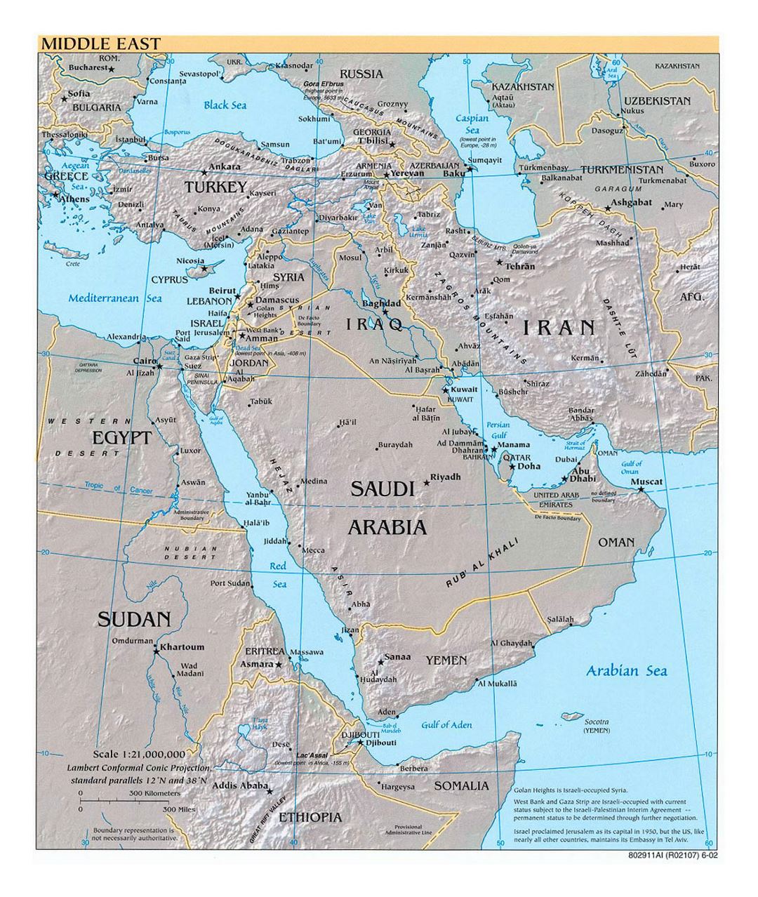 Detailed political map of the Middle East with relief, major cities and capitals - 2002