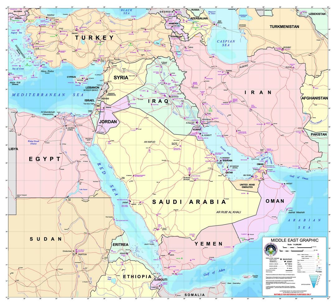Large detailed graphic map of the Middle East with roads and all airports - 2003