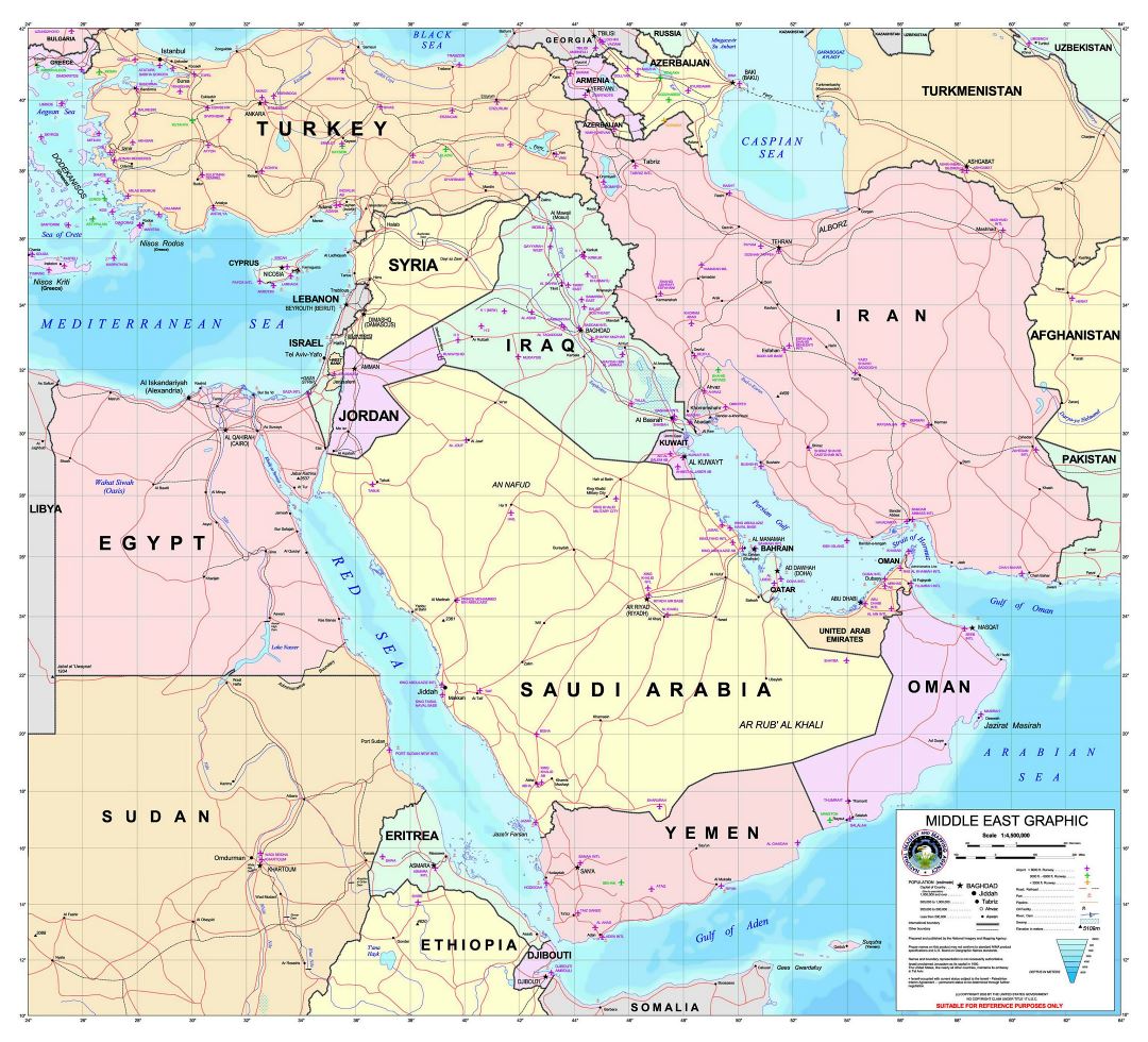 Large detailed graphic map of the Middle East with roads and all airports - 2003