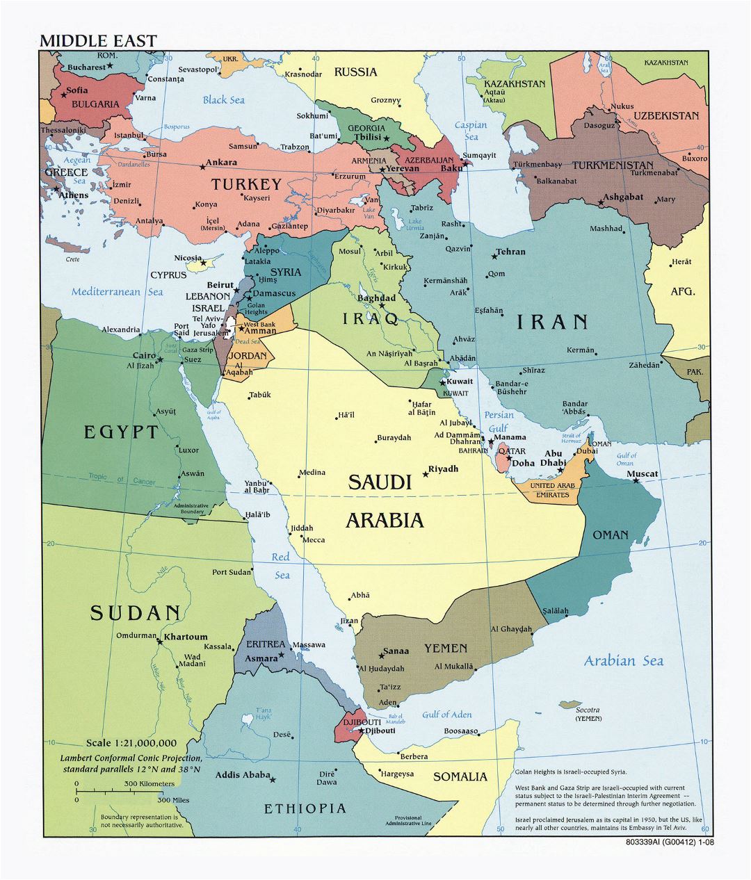 Large detailed political map of the Middle East with major cities and capitals - 2008