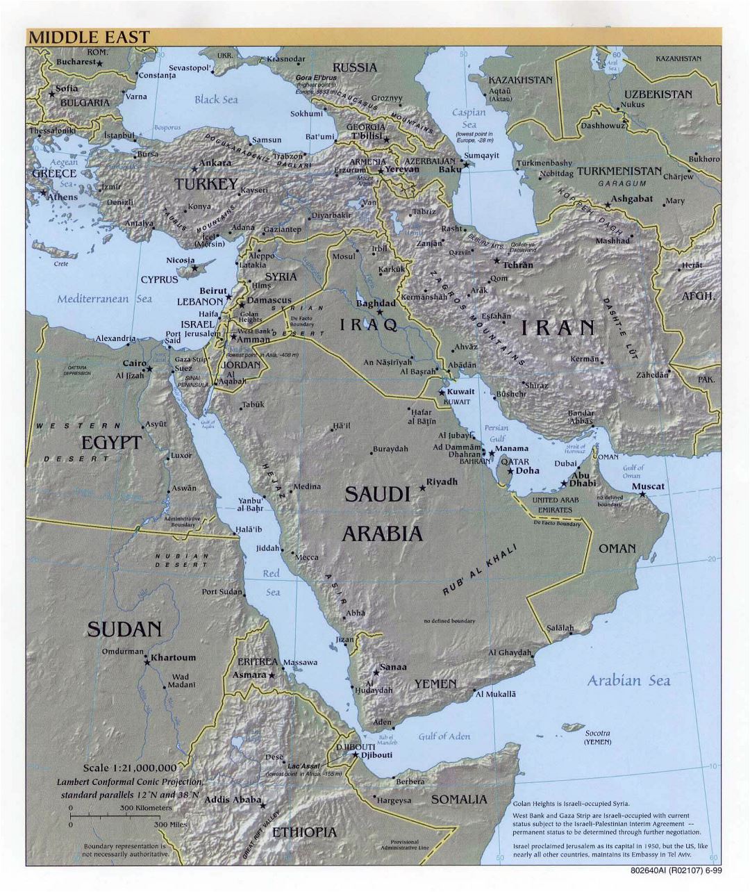 Large detailed political map of the Middle East with relief, major cities and capitals - 1999