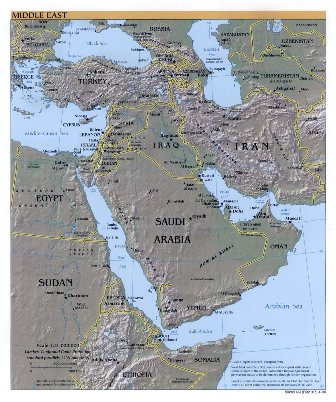 Large detailed political map of the Middle East with relief, major cities and capitals - 2000