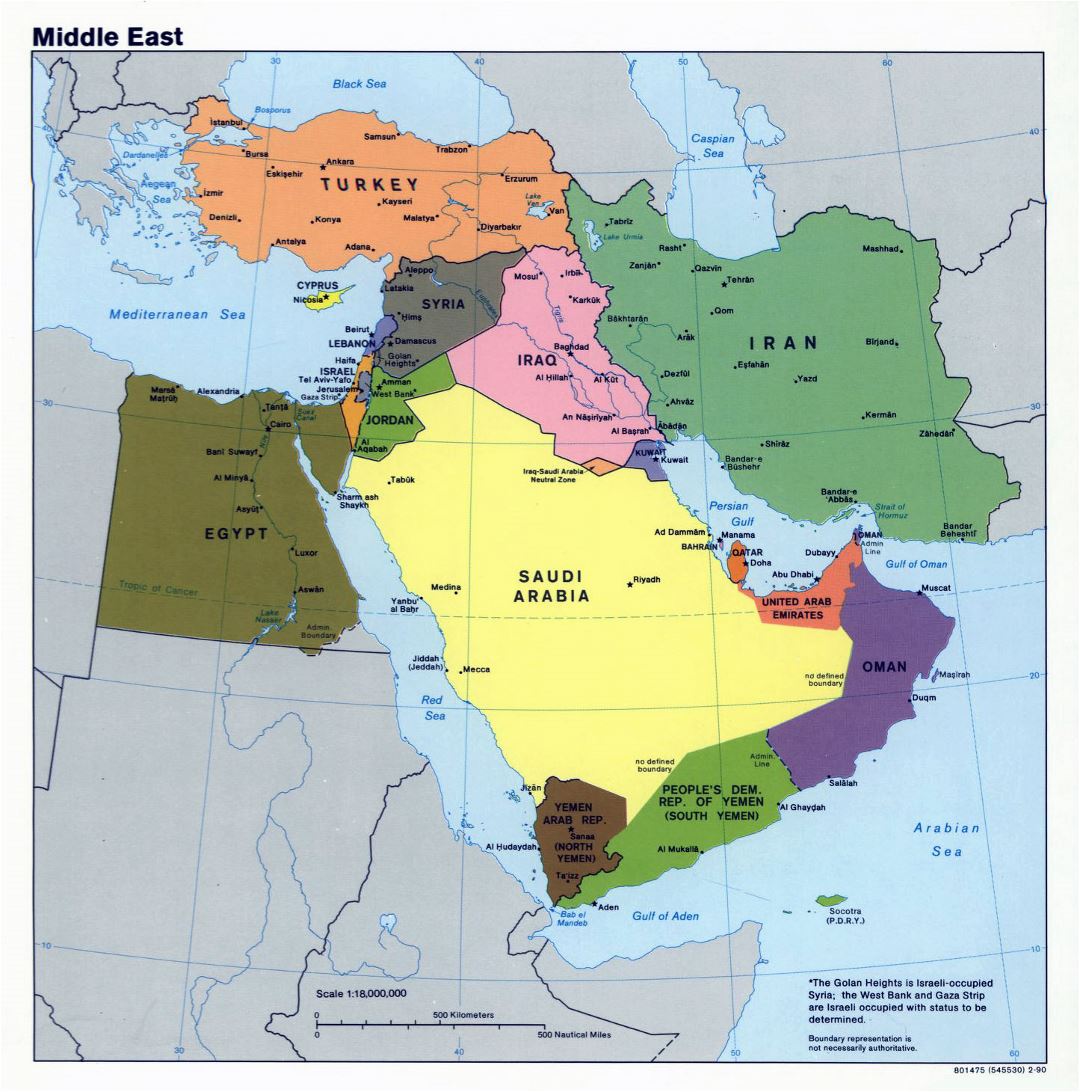 Large political map of the Middle East - 1990