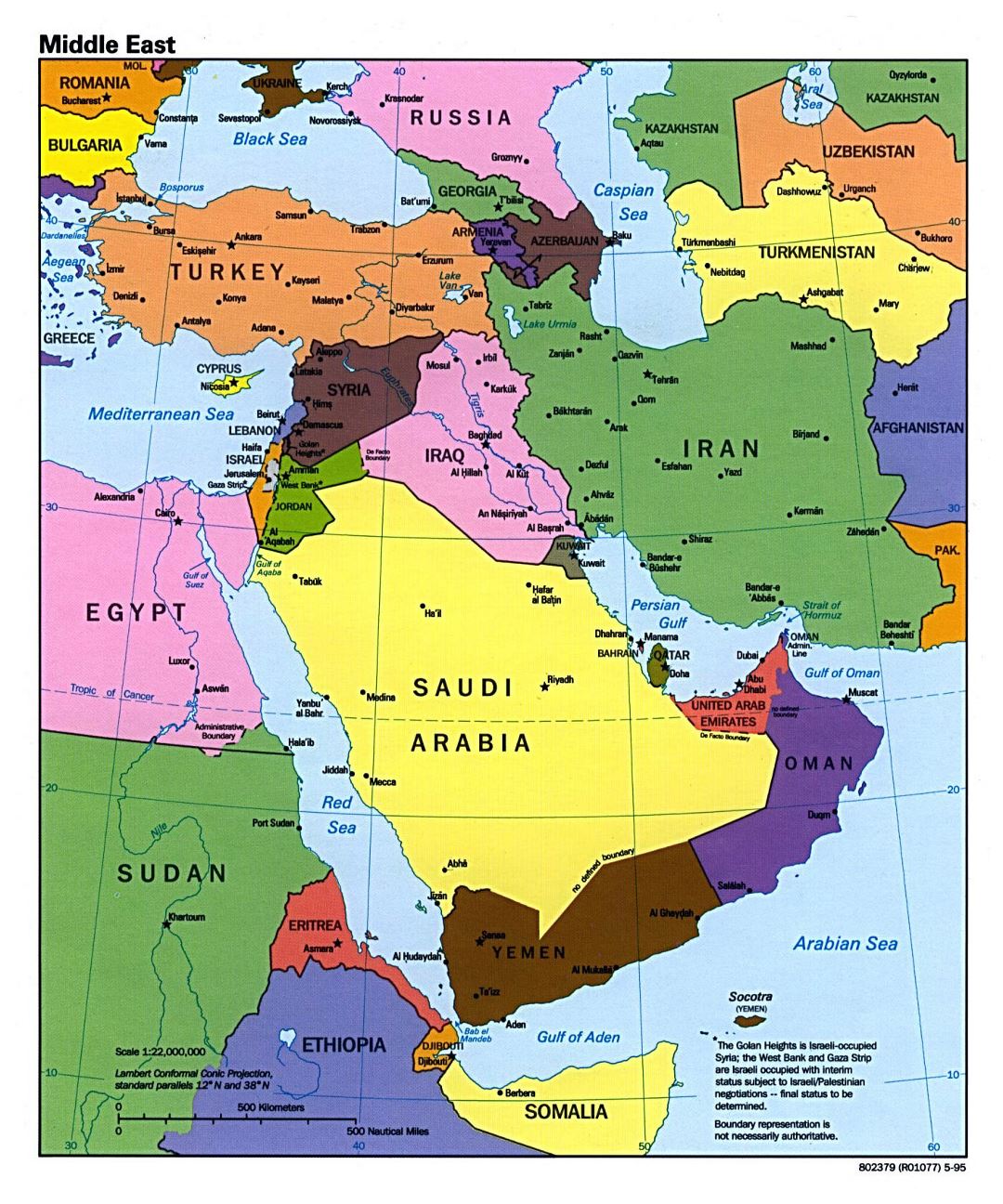Large political map of the Middle East with major cities and capitals - 1995