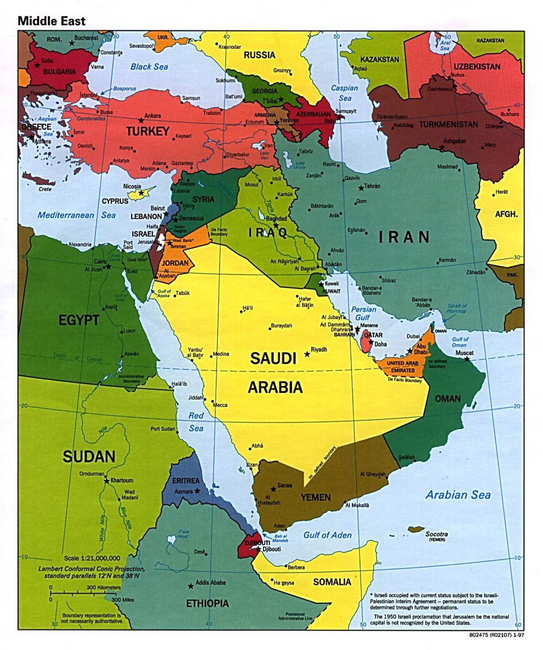 Large political map of the Middle East with major cities and capitals - 1997