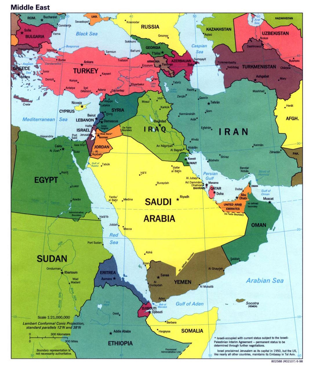 Large political map of the Middle East with major cities and capitals - 1998